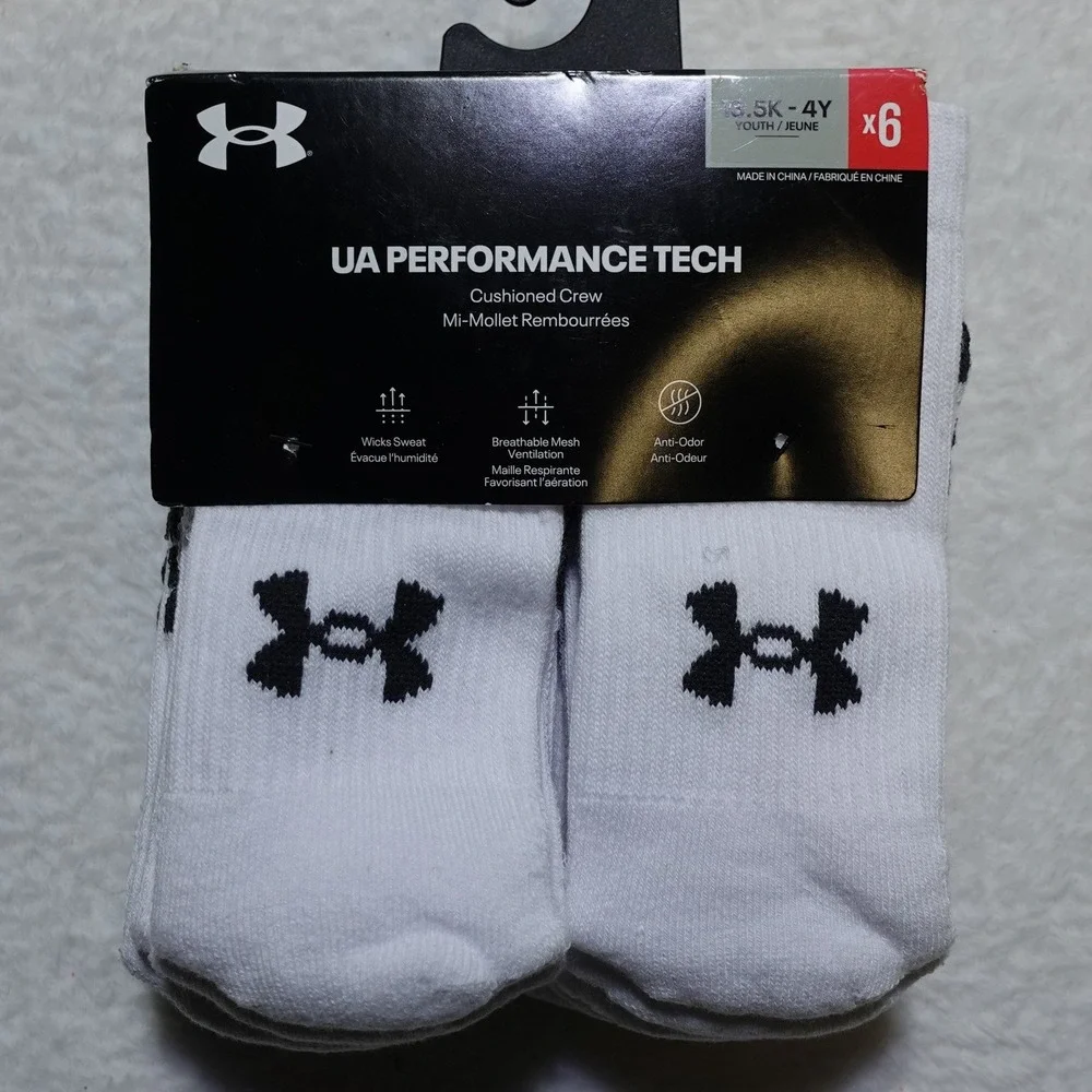 Under Armour Performance Tech Crew Socks Youth 13.5K-4Y White 6-Pack 1348012-100